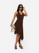 Moonlit Honey Asymmetrical Halter Jersey Midi Dress Chocolate