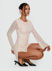 Nyxia Long Sleeve Mini Dress Cream / Red Polka