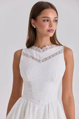 white embroidered cotton lace trim mini dress