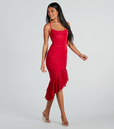 Timeless Allure Cowl Neck Mesh Ruffle Midi Dress