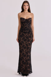black + blush lace corset maxi dress