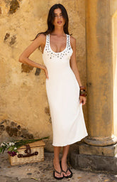 Amba White Button Detail Midi Dress