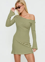 Adrietta Long Sleeve Off Shoulder Mini Dress Cream / Matcha Stripe