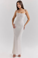 silver pearl embellished maxi dress