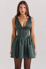 forest green satin mini dress
