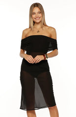 July Black Sheer Off the Shoulder Midi Dress