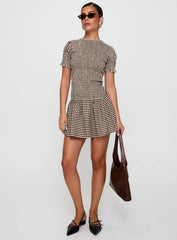 Laurita Shirred Mini Dress Brown Check