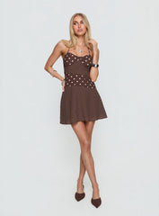 Marguerite Halter Mini Dress Brown Polka Dot