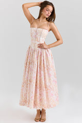 peach floral print stretch cotton midi sundress