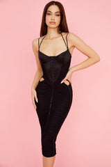 black ruched midi dress