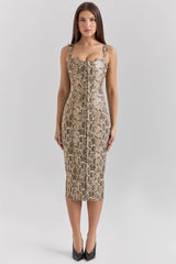 snakeskin print vegan leather midi dress