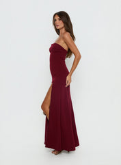 Diamanti Strapless High Slit Maxi Dress Burgundy