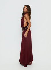 Darwinn Drop Waist Sequin Detail Maxi Dress Burgundy