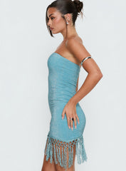 Keyana Strapless Tassel Mini Dress Blue Shimmer
