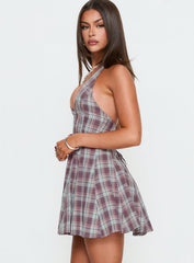 Out Of Nowhere Halter Mini Dress Burgundy / Pink Check