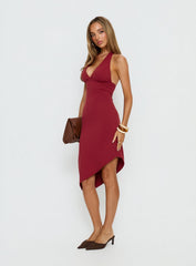 Whimsy Asymmetrical Midi Dress Burgundy