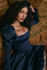 midnight satin puff sleeve mini dress - sale