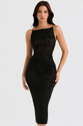 black mesh crystal embellished midi dress