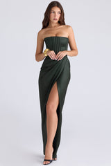 emerald satin strapless maxi dress