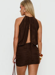 Jennah Halter Ruched Mini Dress Chocolate