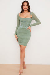 green gathered corset dress