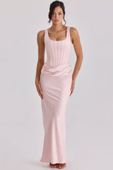 blush pink satin gathered maxi dress