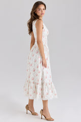 rose print stretch cotton lace up midi dress