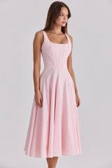 pink cotton lace up midi sundress