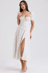 white posy print cotton puff sleeve midi sundress
