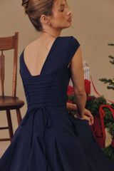 navy lace back twill midi dress