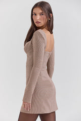 brown puppytooth check plunge mini dress - sale