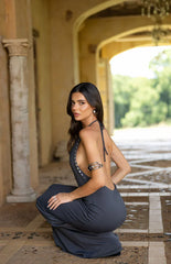 Tsuki Grey Stud Detail Cowl Neck Maxi Dress
