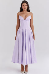 orchid twill strapless tulle midi dress
