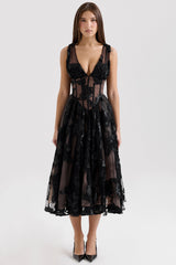 black embroidered tulle corset midi dress