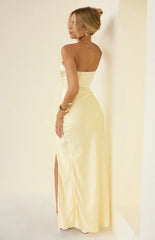 Sasha Yellow Ruched Twist Satin Maxi Dress