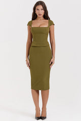 olive corset midi dress