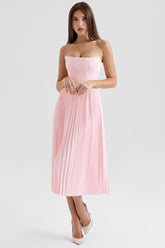 pink pleated midi corset dress