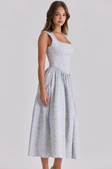 blue wildflower print cotton midi sundress