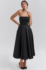 black strapless satin corset midi dress - sale