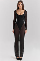 black mesh maxi dress with bodysuit