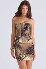 leopard print satin strapless mini dress