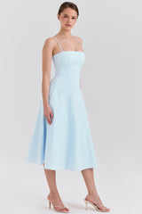 soft blue stretch cotton a-line midi sundress