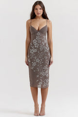 smoke crystal embellished midi dress