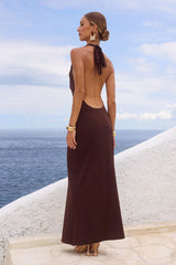 LOTUS HALTER COWL MAXI DRESS - BITTER CHOCOLATE