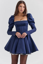midnight satin puff sleeve mini dress - sale