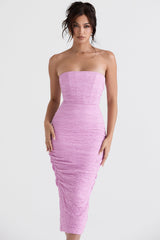 pink strapless corset midi dress