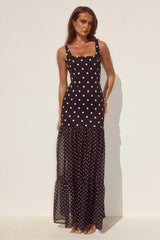 TILLIE SHEER BOTTOM MAXI DRESS - BLACK/WHITE POLKA