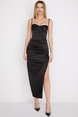 black satin pleated corset midi dress