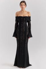 black off shoulder floral lace maxi dress