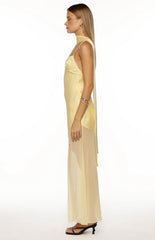 Laila Yellow Satin Scarf Formal Maxi Dress